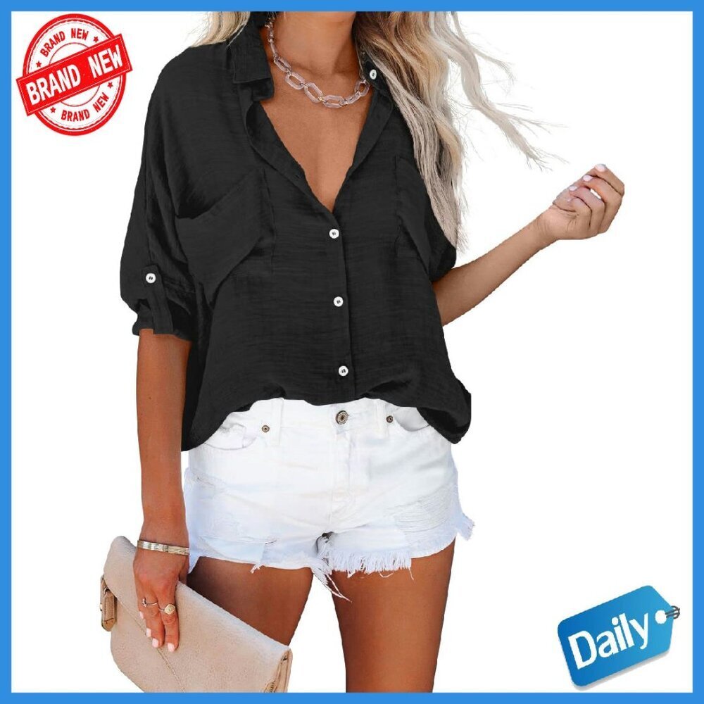 Women's V-Neck Button Down Shirt Long Sleeve Roll Up Casual Blouse with Pockets